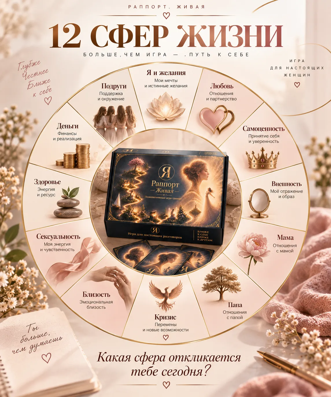 Двенадцать сфер жизни женщины в игре «Раппóрт Живая»